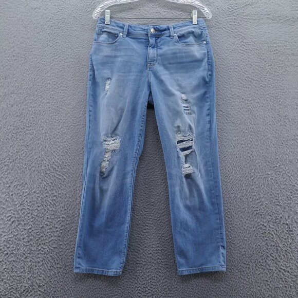 Chicos Womens So Slimming Girlfriend Destructed Crop Jeans 0 Size 4 Blue Stretch - Picture 1 of 12
